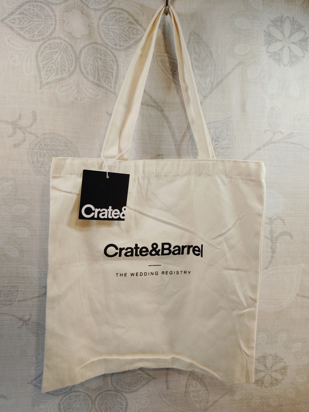 Crate&Barrel Cream Canvas Shoulder Tote with Black Logo